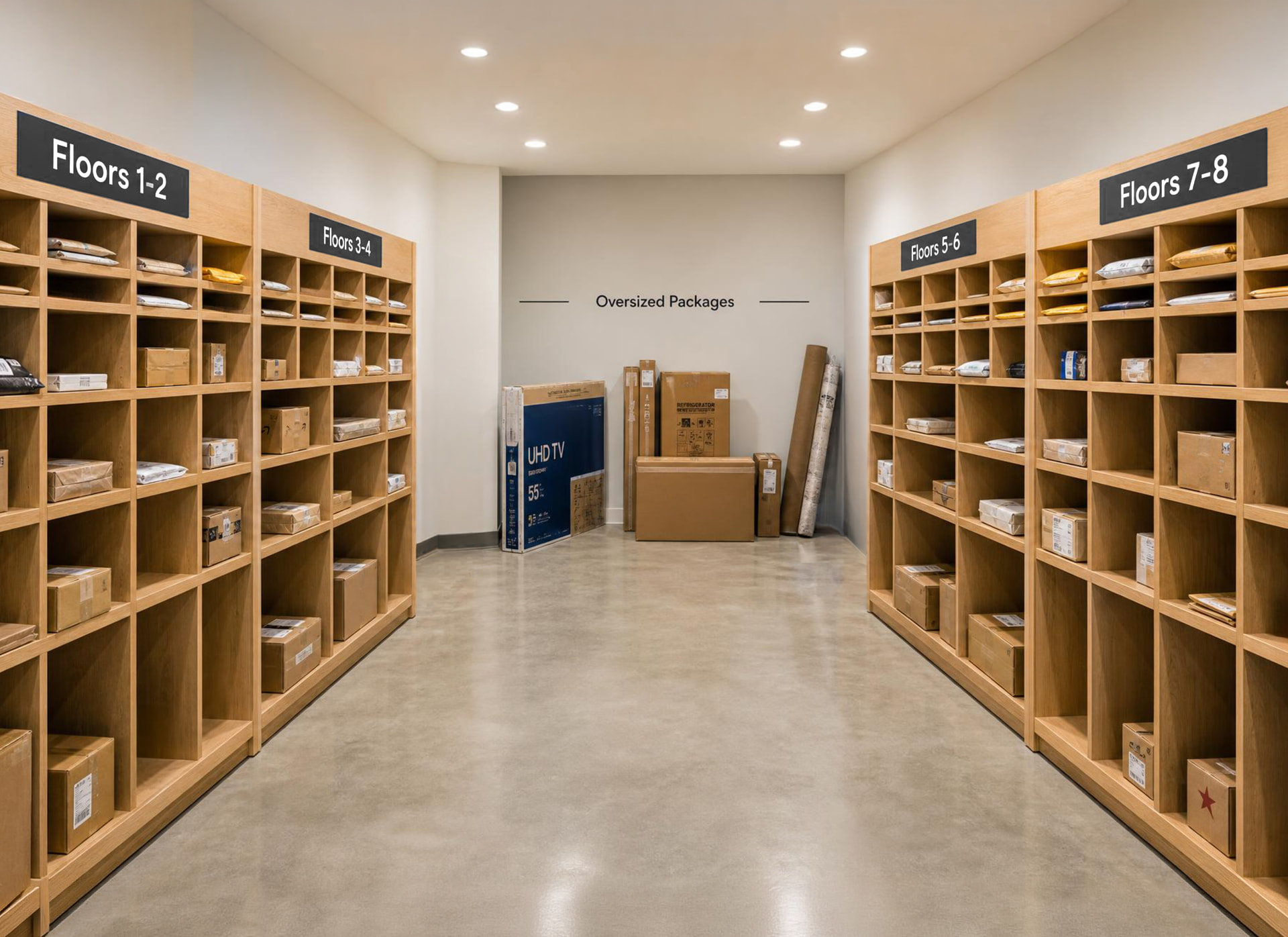 Apartment package room with freestanding 20 inch deep Door Drop shelving along the walls and a clear center aisle. Every bay is size tiered the same way: wide 12 inch by 4 inch flat envelope slots and small cubbies on top, medium cubbies at chest height, and large cubbies only along the bottom. Bays are signed Floors 1-2, Floors 3-4, Floors 5-6 and Floors 7-8. At the back, an open shelf free Oversized Packages area holds oversized items directly on the floor, including a large flat screen television box, an appliance carton, a furniture box, bulk bottled water and long shipping tubes. Cubbies are only partially filled with a natural mix of boxes and mailers, leaving visible open capacity in every section.